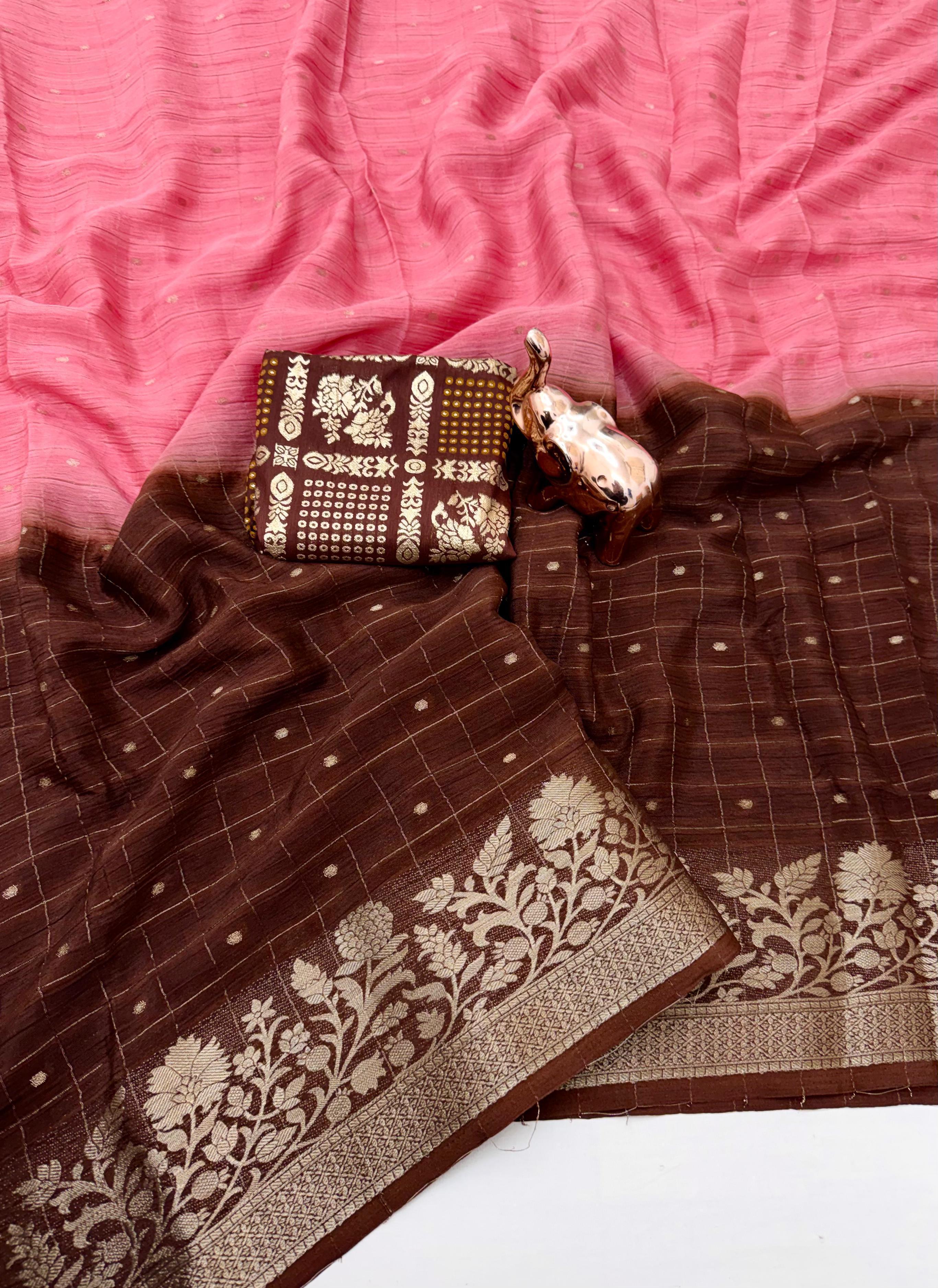 RCS-163 Peach and brown Unstitched blouse