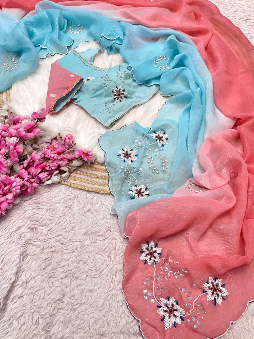 RCS-170 Sky blue and peach Free size blouse u can use M-38 to XL-42