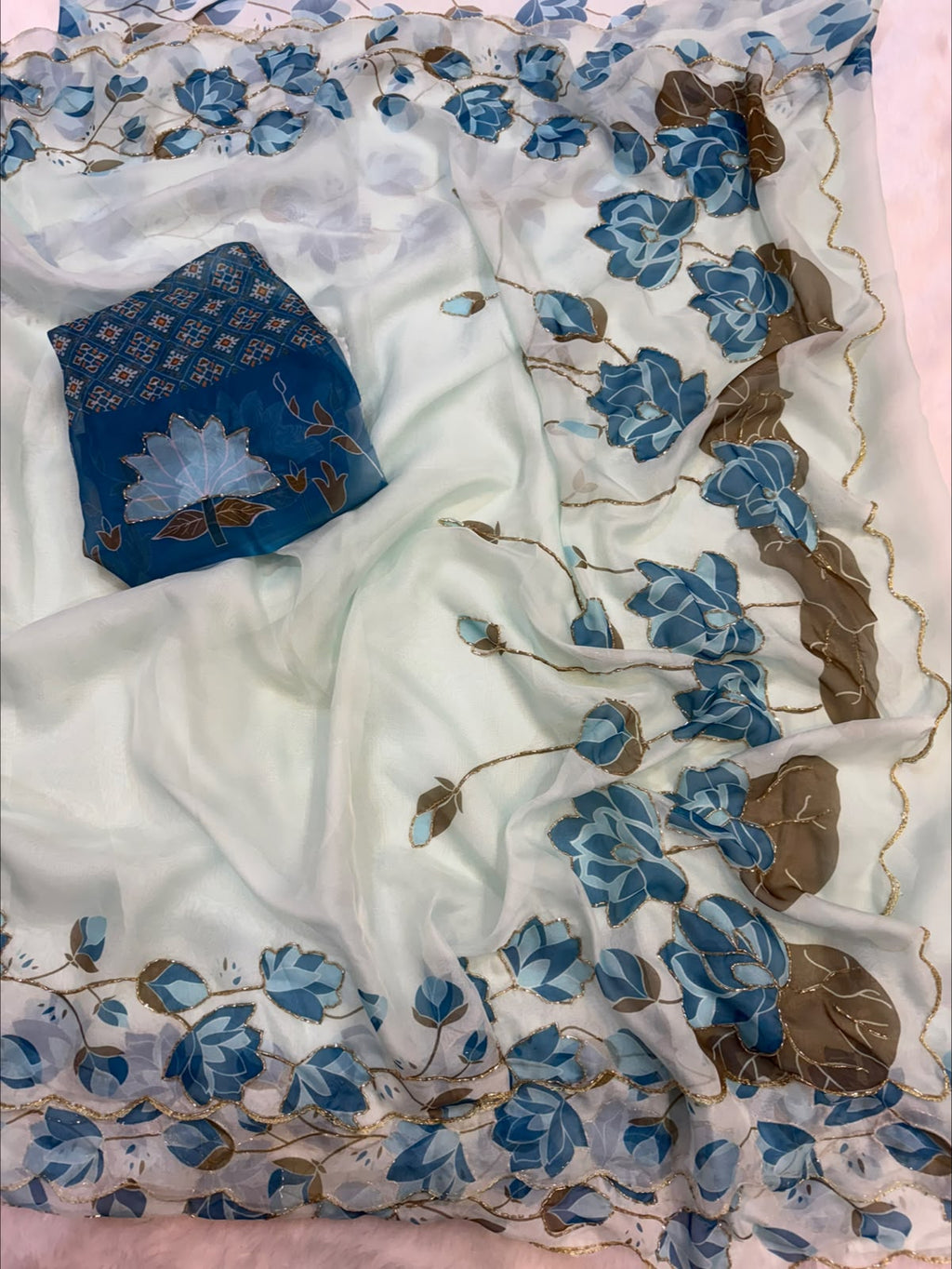 RCS-184 White with sky blue Unstitched blouse