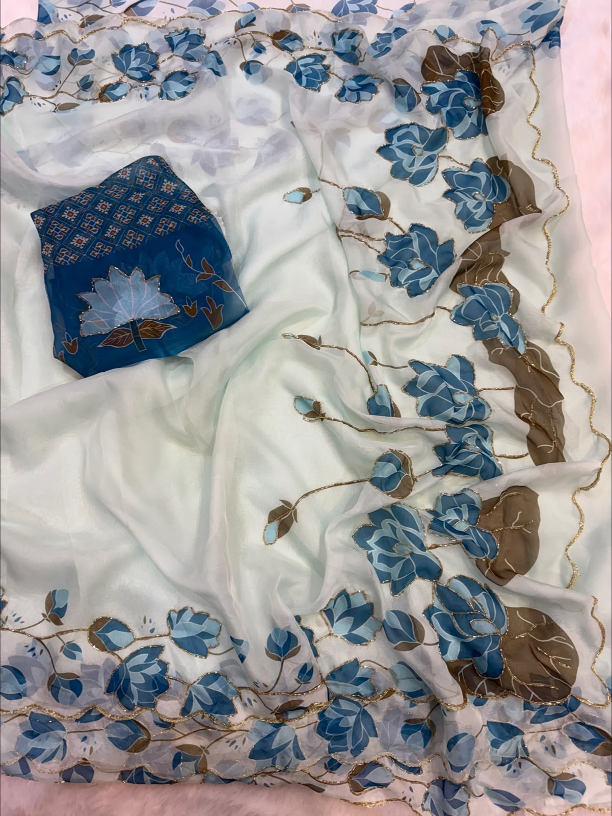 RCS-184 White with sky blue Unstitched blouse