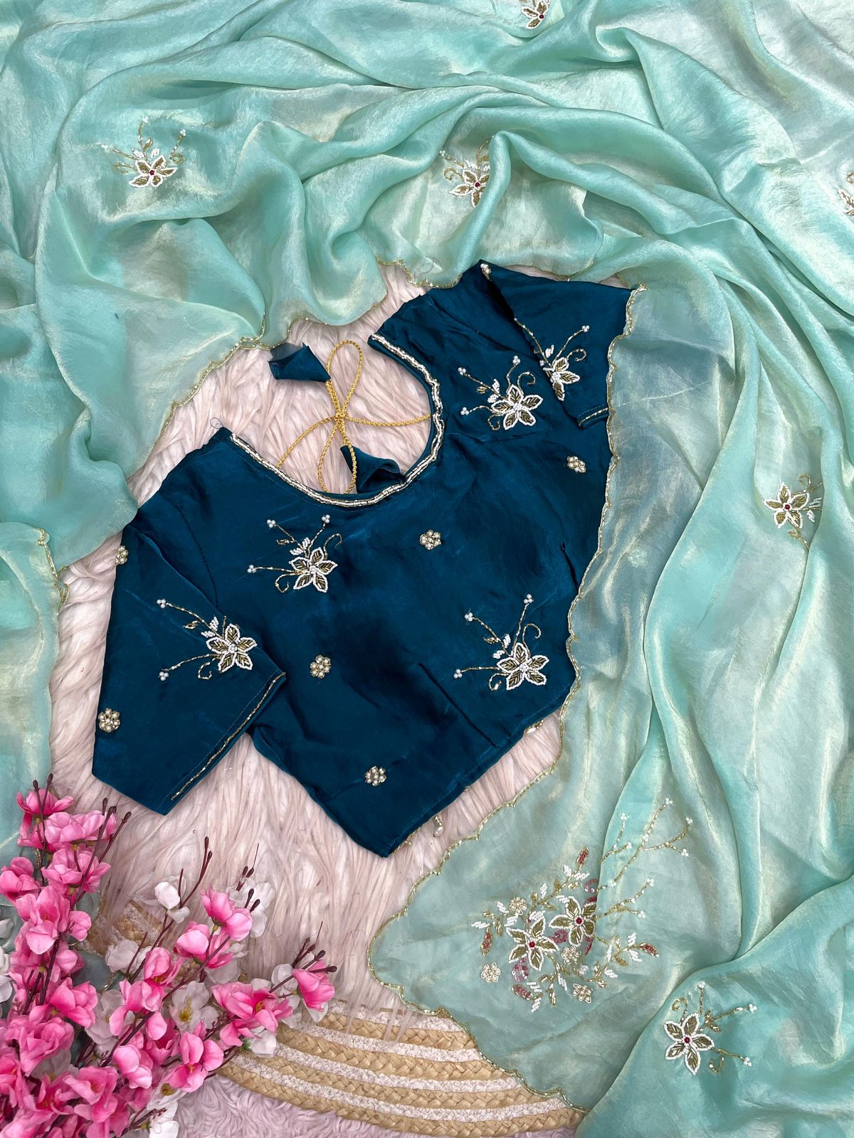 RCS-015 Sky blue Stiched blouse free size blouse 40 with extra margin u can use 38 to 42