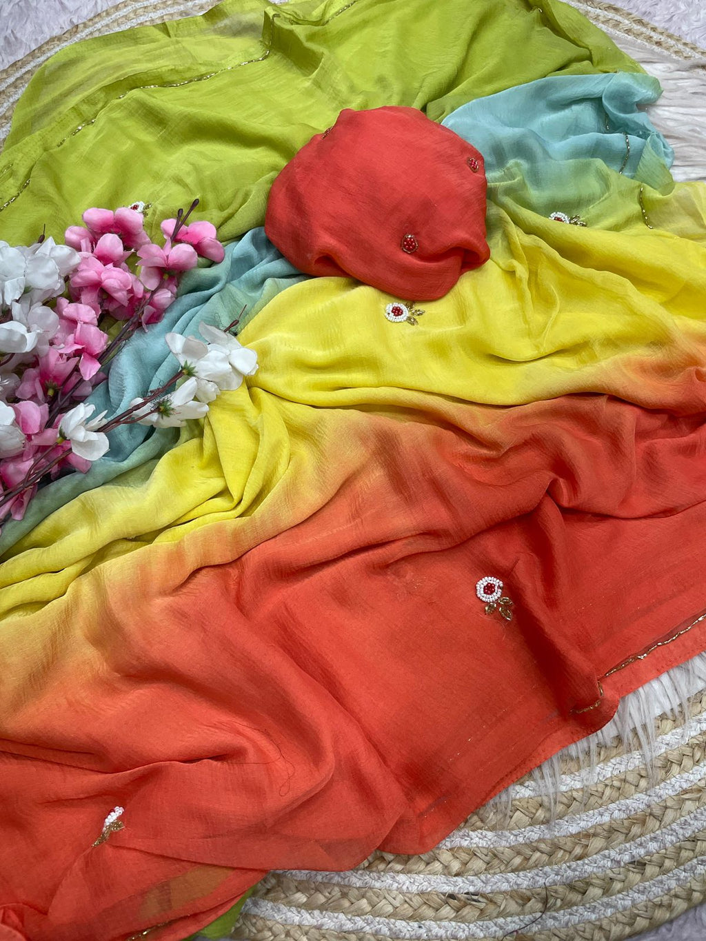 RCS-014 4 orange & light green Unstitched blouse