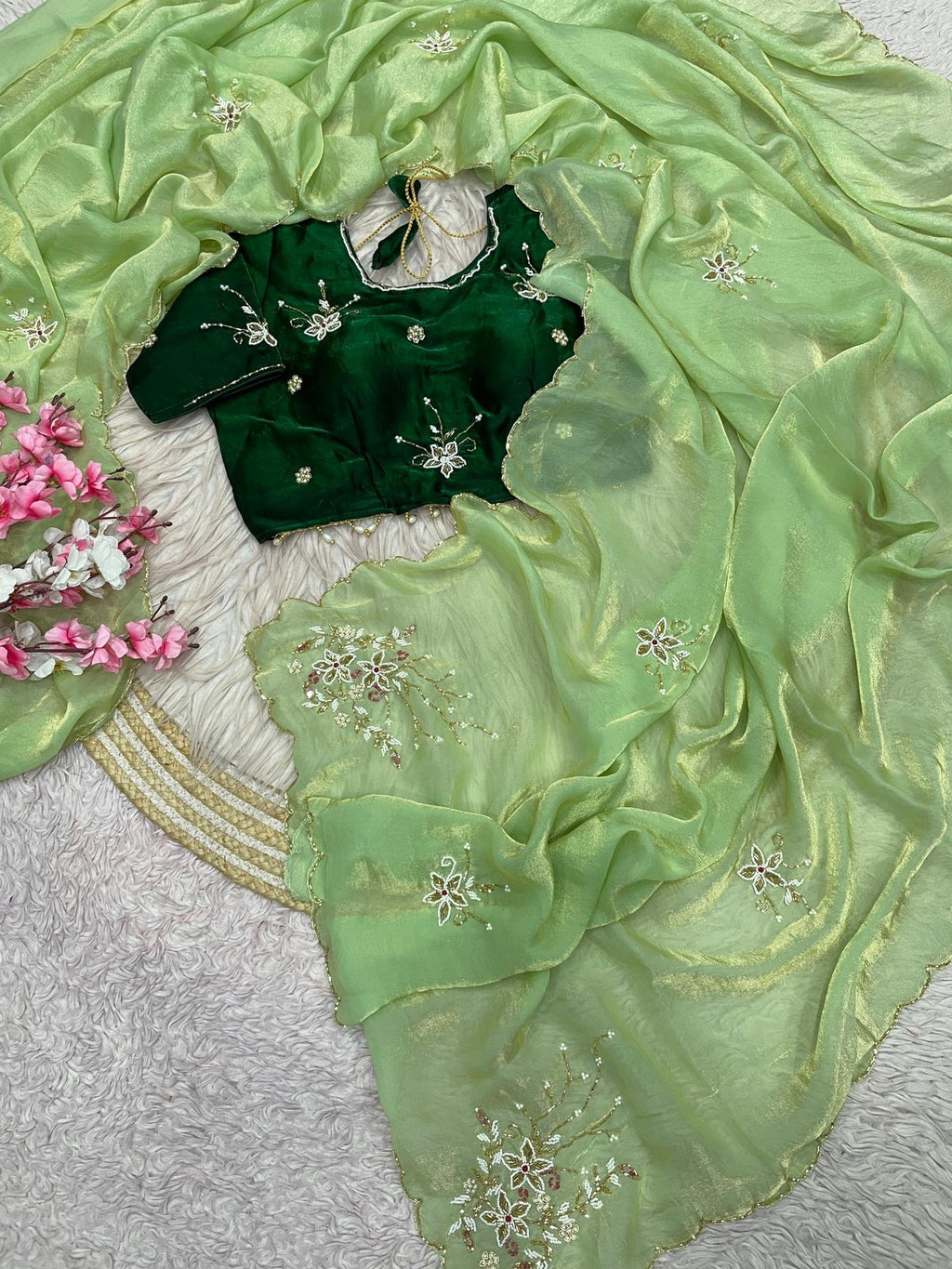 RCS-015 Green Stiched blouse free size blouse 40 with extra margin u can use 38 to 42