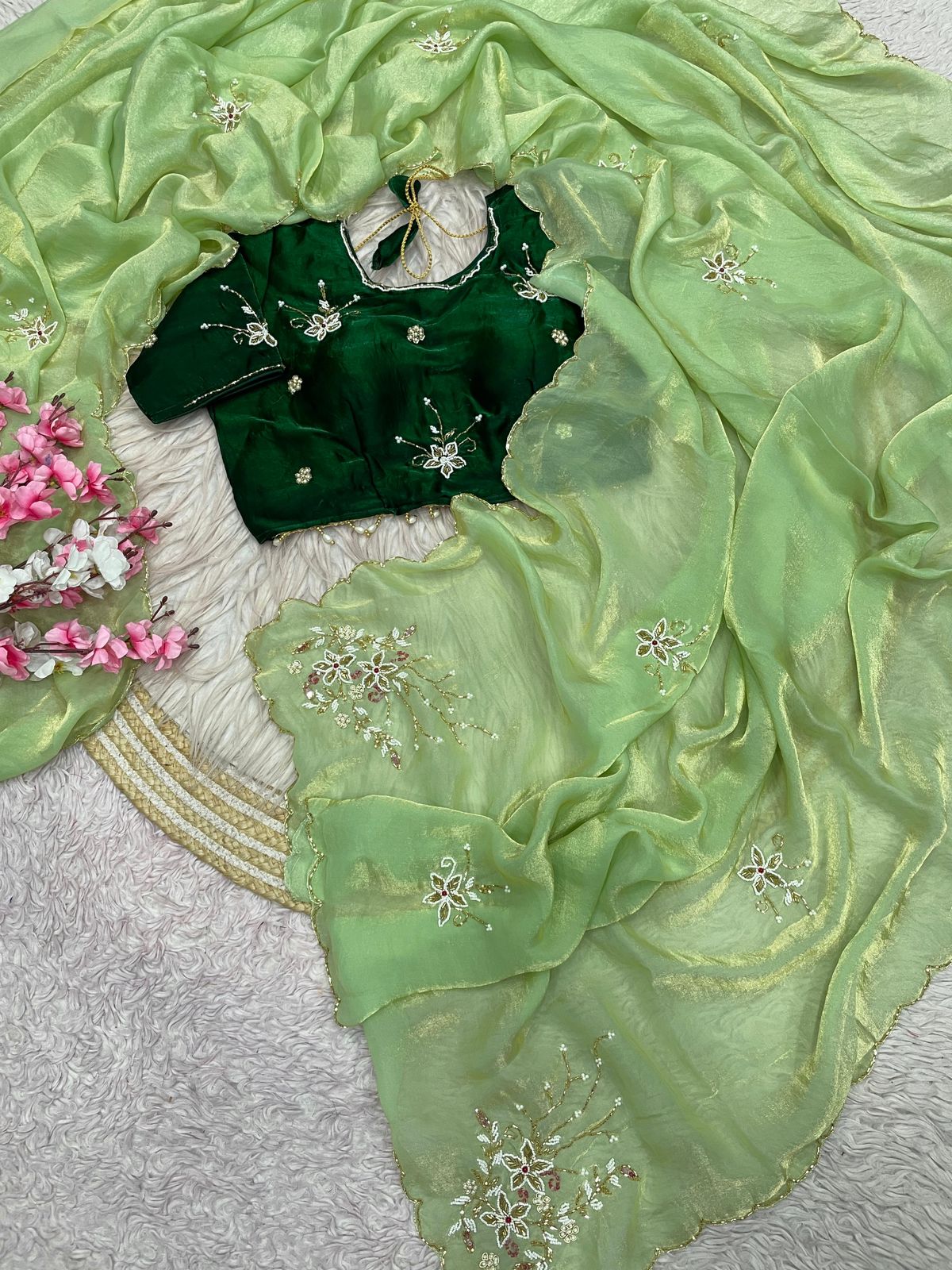 RCS-015 Green Stiched blouse free size blouse 40 with extra margin u can use 38 to 42